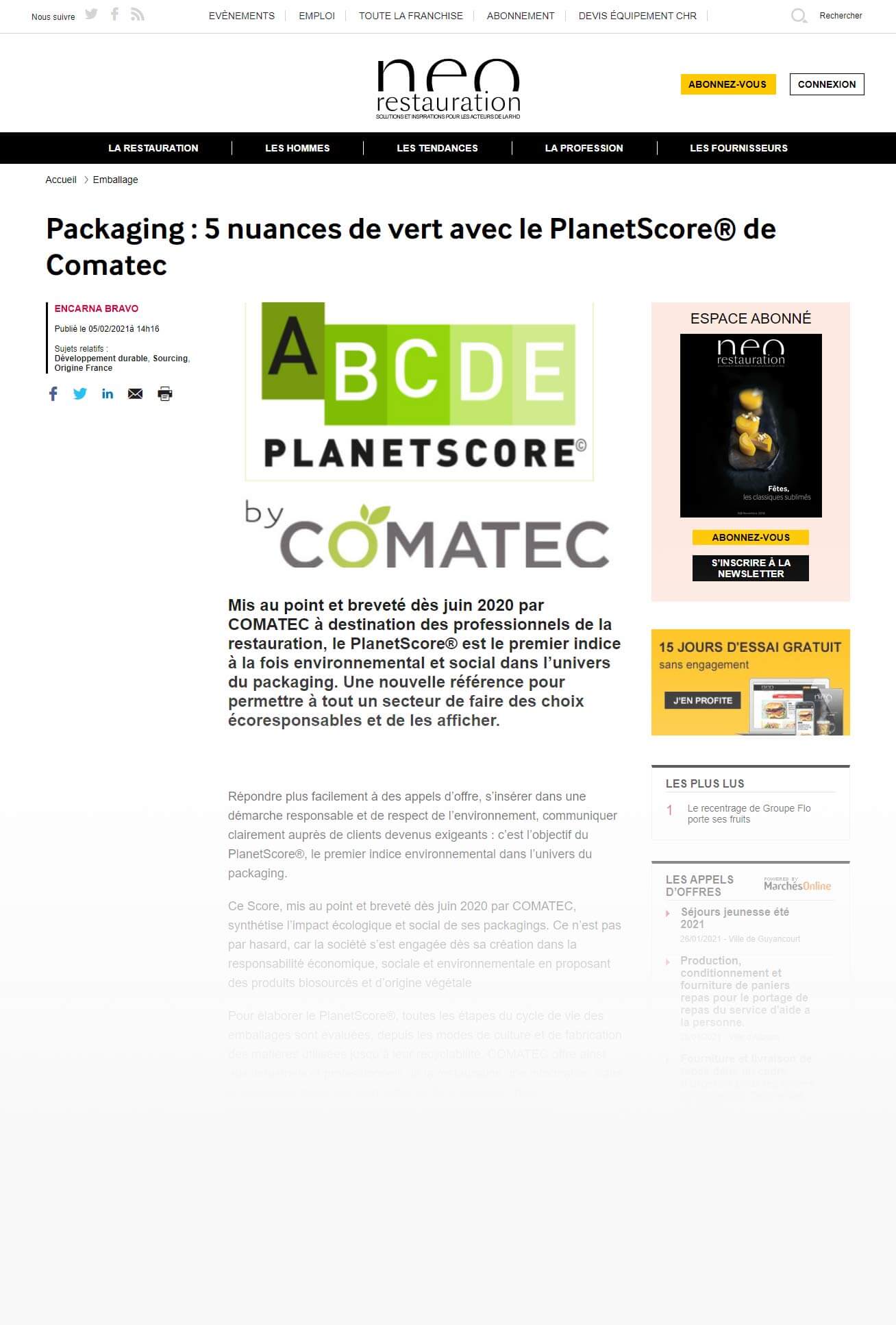 Le magazine Neo Restauration met le PlanetScore© de Comatec en lumière